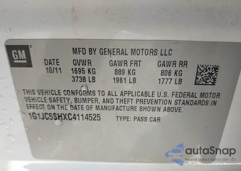 2012 Chevrolet Sonic 2Lt z USA, uszkodzony, nr VIN 1G1JC5SHXC4114525